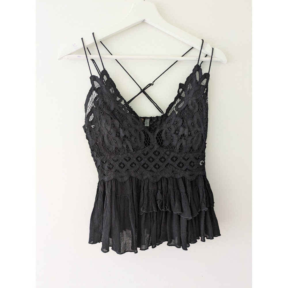Free People FP One Adella Tank Black Lace Ruffle Boho Camisole Large - Picture 4 of 6